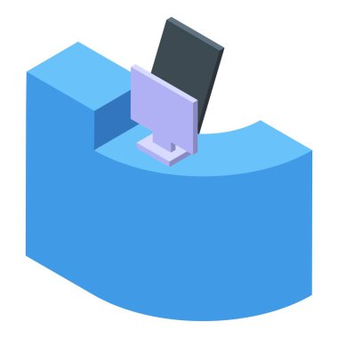 Ofis ortamında boş ekranı gösteren bir bilgisayarı olan modern mavi kabul masası.