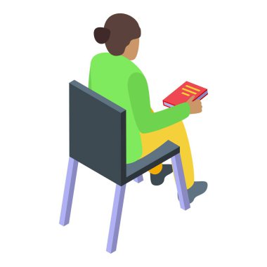 Genç bir kadın sırtı dönük bir şekilde bir sandalyede oturuyor, bir kitap okumaya dalmış.