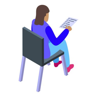 Genç kadın bir sandalyede otururken anket formu doldurmaya odaklanıyor.