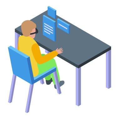 Kör bir insan bir masada oturmuş, izometrik bir illüstrasyonla kabartma yazıları okuyor.