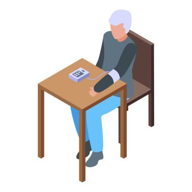 Yaşlı adam bir masada oturuyor, kan basıncını dijital tonometreyle ölçüyor.