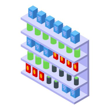 Süpermarket rafı izometrik bir görünümde çeşitli renkli yiyecek kutularını ve kutuları gösterir