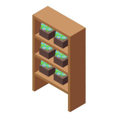 Ahşap çiçek rafı duruyor ve mavi çiçekli saksıları tutuyor.