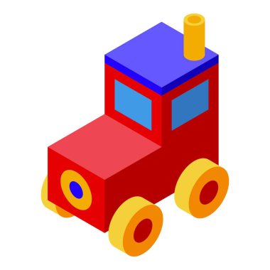 Beyaz zemin üzerinde duran sarı tekerlekli kırmızı oyuncak traktörü, izometrik görüş