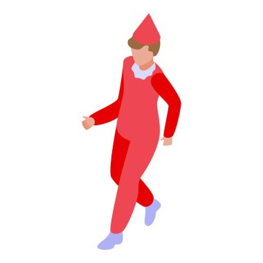 Kırmızı kostüm giyen ve şapkalı genç bir adam mutlu bir şekilde yürüyor.