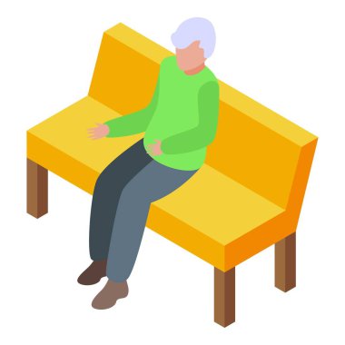 Gri saçlı yaşlı bir adam sarı bir bankta oturuyor, rahatsızlık hissediyor ve karnını tutuyor.