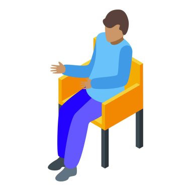 Genç adam bir sandalyede oturuyor ve eliyle işaret ediyor, belki de bir şeyleri açıklıyor.