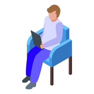 Genç adam mavi koltukta rahatça otururken tablet kullanıyor.