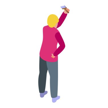 Ressam, bu izometrik görüntüde bir duvarda boya fırçası kullanıyor.