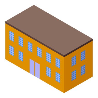 İzometrik projeksiyonla yapılmış, birden fazla pencere ve kapısı olan modern bir fabrika binası.