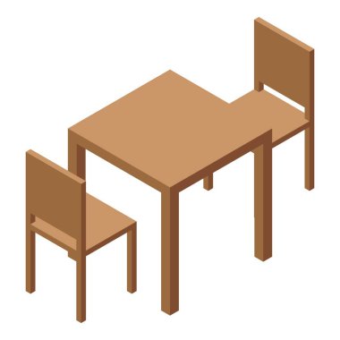 Minimalist ahşap masa ve beyaz arka planda duran iki sandalye, daire için mobilyalar.