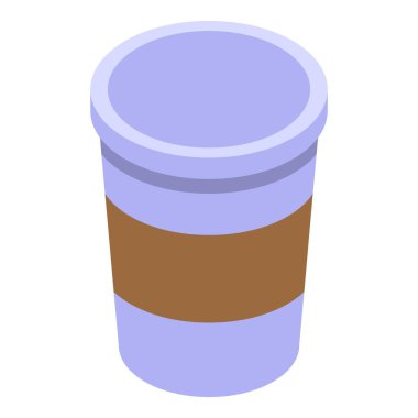 Sade mavi kağıt kahve fincanı, kahverengi tutacağı izometrik görüntüde duruyor.