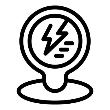 İçinde yıldırım olan bir lokasyon iğnesinin basit siyah-beyaz simgesi. Elektrikli araç şarj istasyonunu temsil ediyor.