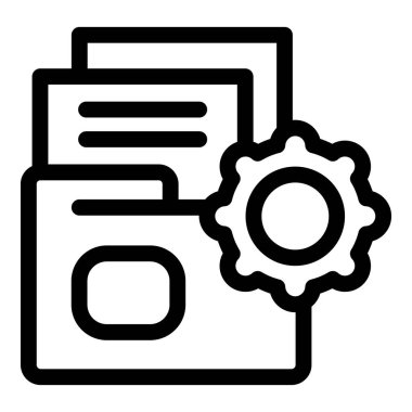 Dosya yönetimi ve organizasyonunu temsil eden belgeler ve çark içeren bir dizinin satır sanat simgesi