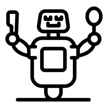 Gülümseyen robot elinde bir spatula ve çırpı tutuyor, modern bir mutfakta şef olarak rolünü öneriyor.