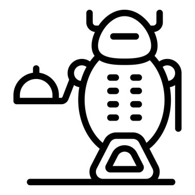 Robot garson tepsinin üzerinde bir saat tutuyor, yemek servisi için hazır.