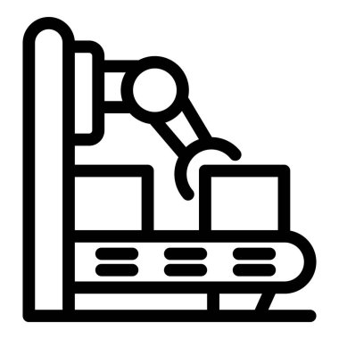 Web tasarımı ve mobil uygulama geliştirme için, üretim hattı simgesinde, ana hatlar biçiminde kutuları taşıyan robot kol