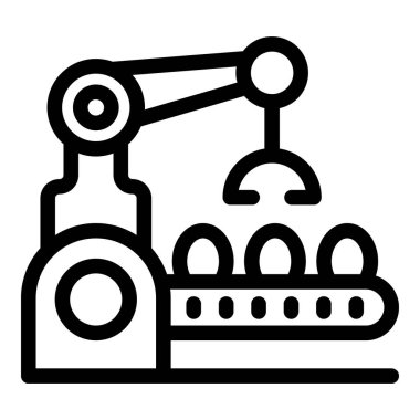 Taşıma bandında yumurtaları hareket ettiren bir robot kolun simgesi, gıda endüstrisindeki otomasyonu betimliyor.