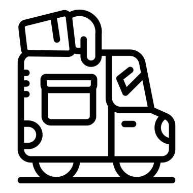 Kapısı açık bir teslimat kamyonunun çizgili sanat simgesi bir paket teslim ediyor.