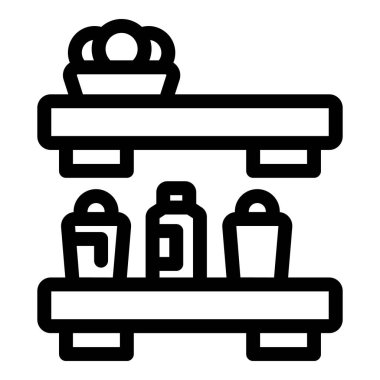 Mutfak rafının minimalist sanat simgesi. Konteynırlarda çeşitli yiyecek ve içecekler var.