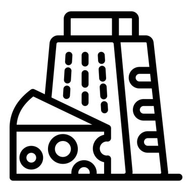 Peynir rendesinin çizgi simgesi, delikli büyük bir peynir parçasını rendelemek için kullanılmaya hazır.