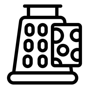 Peynir sürtünen bir rendeleyicinin çizgi sanat simgesi, tarif web siteleri veya yemek blogları için mükemmel