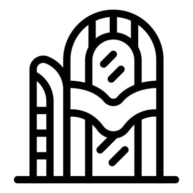 Su parkı kaydırağı, kemerli pencere çizgisi ikon vektörlü binanın yanında duruyor. Özet geç, minimalist