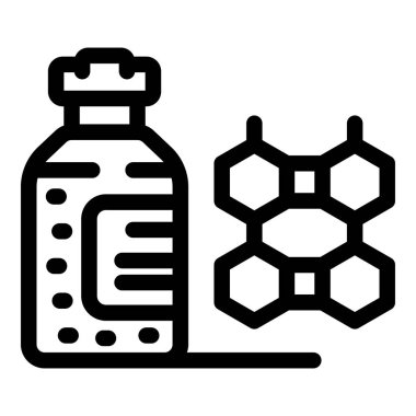 Bir molekül yapısının yanında duran aşı şişesini temsil eden basit bir cesur taslak simgesi