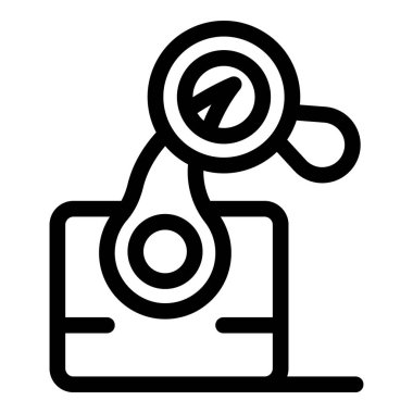 Robot kol, bir dizüstü bilgisayardaki verileri analiz etmek için bir büyüteç kullanıyor. Yapay zeka ve veri analizini sembolize ediyor.