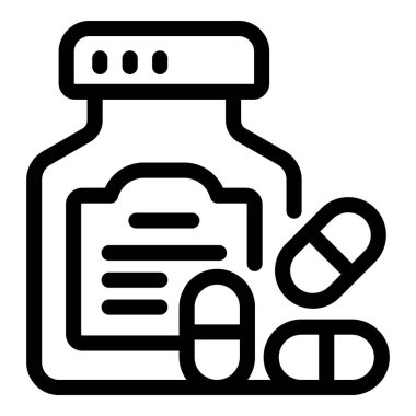 Sağlık hizmetleri ve ilaç kavramlarını temsil eden, etrafa hap saçan bir ilaç şişesinin siyah ana hatları.