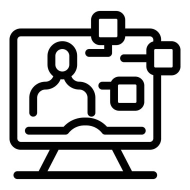 Bir kişinin masaüstü bilgisayarı kullanarak bir video konferansına katılmasının basit vektör simgesi