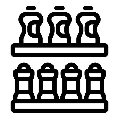 Süpermarket rafında çeşitli şişe ve baharat kavanozları sergileniyor, perakende ve market alışverişini temsil ediyor