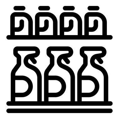 Raflara düzgünce dizilmiş çeşitli şişelerin basit siyah beyaz vektör çizimi, perakende veya ürün gösterimi kavramları için ideal