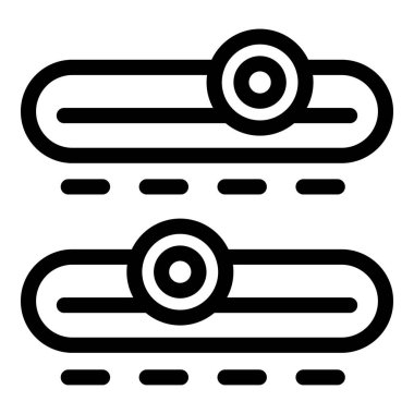 Bir taşıma bandı sisteminin siyah ve beyaz simgesi üretim hattı boyunca paketleri hareket ettiriyor