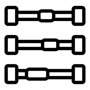Minimalist vektör çizimi, beyaz arka planda izole edilmiş üç siyah dambıl tasvir ediyor.