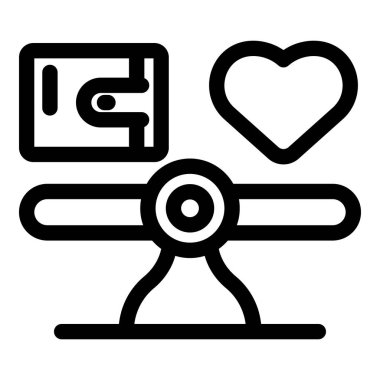 Bir kalp ve cüzdan arasındaki denge ölçeğinin bu vektör çizimi aşk ve para arasında seçim yapma kavramını temsil eder.