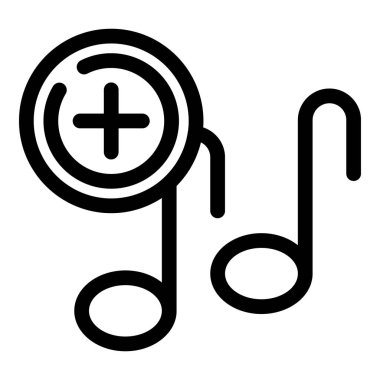 Bir + işaretinin basit siyah beyaz simgesi bir müzik listesine bir nota ekliyor