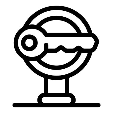 Basit, kalın çizgili bir sanat simgesi, bir kaidede oturuyor, küresel güvenliği ve erişimi simgeliyor.