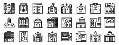 Santa Fe simgeleri ayarlandı. Dini binalardan modern gökdelenlere kadar çeşitli mimari stil ve işlevleri temsil eden basit ve minimalist yapı simgeleri.