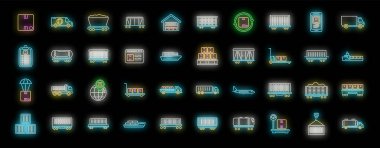 Glowing neon icon set representing various aspects of logistics, including freight transport, warehouse operations, delivery services, cargo transportation, and logistics management clipart