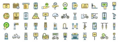 Ödeme yöntemleri, mobil uygulamalar ve bisiklet altyapısı gibi bisiklet kiralama ve paylaşım hizmetlerinin çeşitli yönlerini temsil eden renkli simgeler kümesi