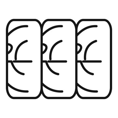 Çizgi resim ikonu, otomotiv bakımı, yaz sürüşü veya lastik değiştirme ile ilgili kavramları temsil etmek için ideal, belirgin lastik desenli üç özdeş araba lastiğini tasvir ediyor.