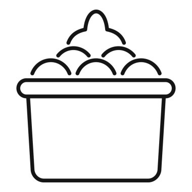 Çamaşır sepeti çamaşır sepetiyle dolup taşıyor, çamaşır makinesini bekliyor, basit bir siyah beyaz çizgili sanat çizgisi çizimi çiziminde.