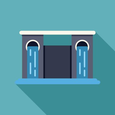 Su gücünü kullanarak elektrik üreten hidroelektrik santrali, uzun gölgeli düz vektör illüstrasyonu