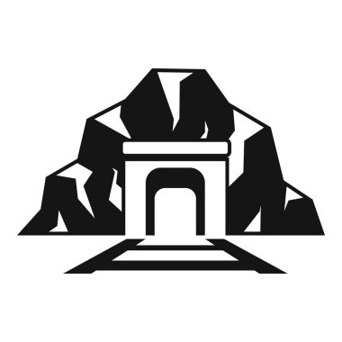 Bir dağın altındaki maden tünelinin girişine giden tren raylarının siyah ve beyaz çizimleri.