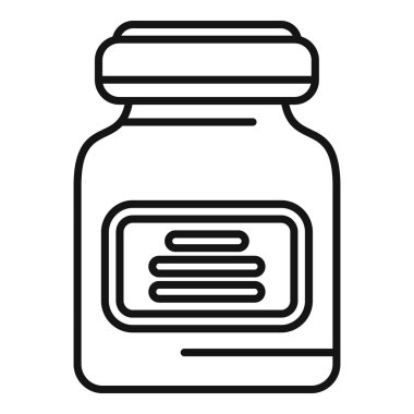 Hastanede kullanılan haplar için etiketi olan tıbbi cam şişesi beyaz arka planda izole edilmiş web tasarımı için üst simge ana hatları vektörünün kapağına sahip.