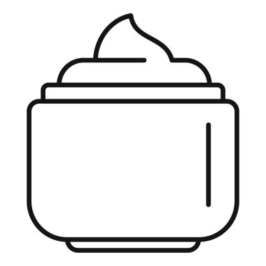 Açık bir kozmetik krem kavanozunun çizgi çizimi, beyaz arka planda izole bir şekilde krema üstten görünür.