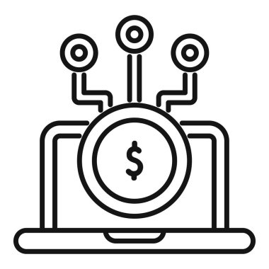 Çevrimiçi gelir ve finansal başarıyı temsil eden dolar işareti olan bir dizüstü bilgisayarın çizgi resim simgesi