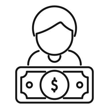 Bir dolar banknotunu elinde tutan, finans ve zenginliği temsil eden basit bir iş adamı çizgisi simgesi