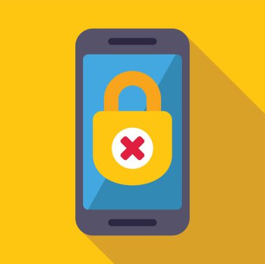 Akıllı telefon, güvenlik ihlalini simgeleyen üzerinde kırmızı haç işareti olan kilitsiz bir asma kilit gösteriyor.